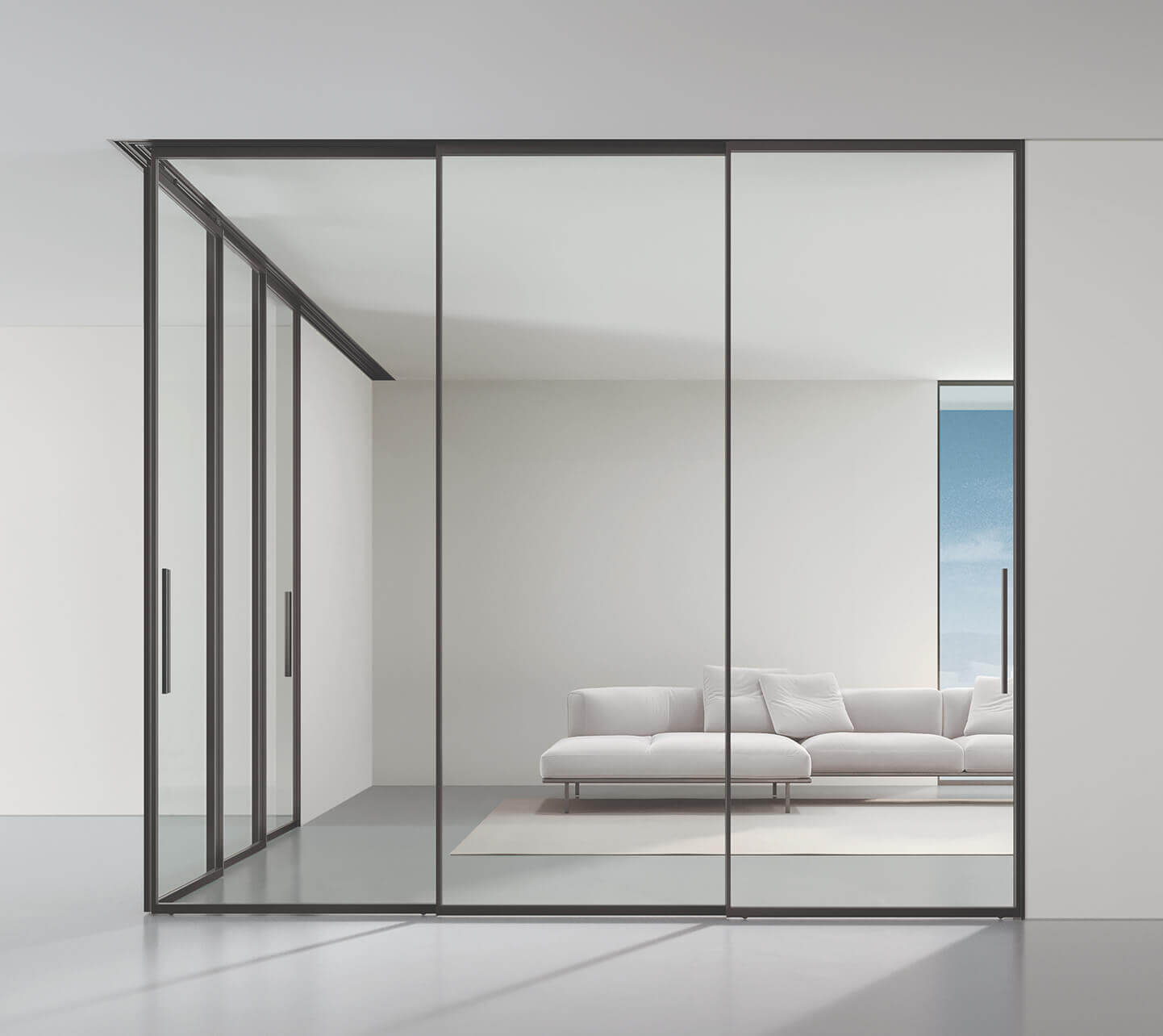Corner opening hanging door showcase